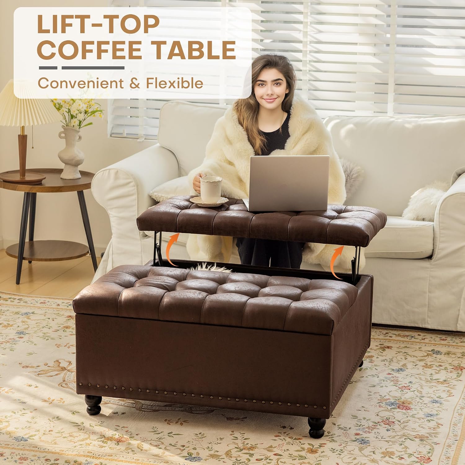 Dark Brown Faux Leather Storage Ottoman