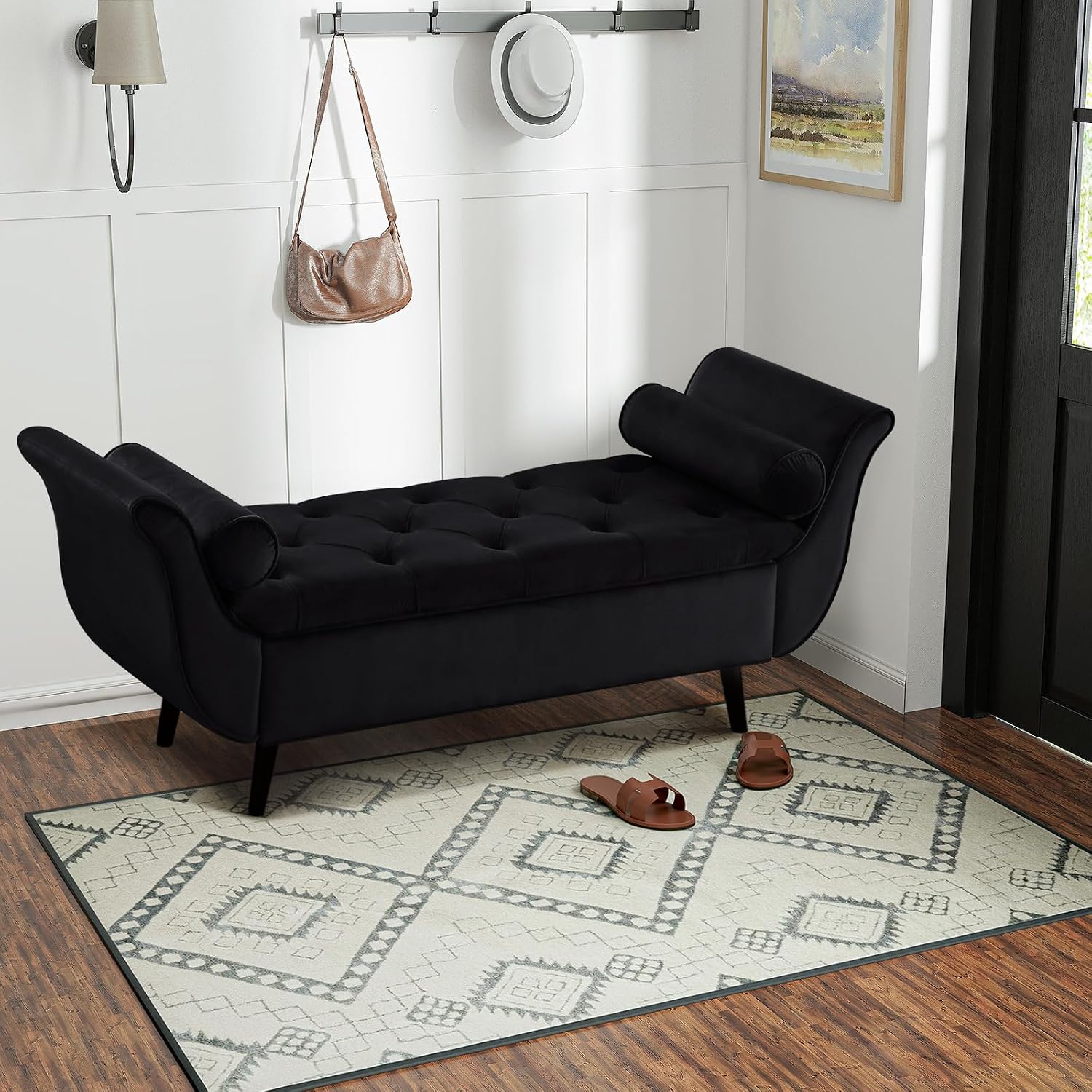 Black Tufted Velvet Arm Storage Bench