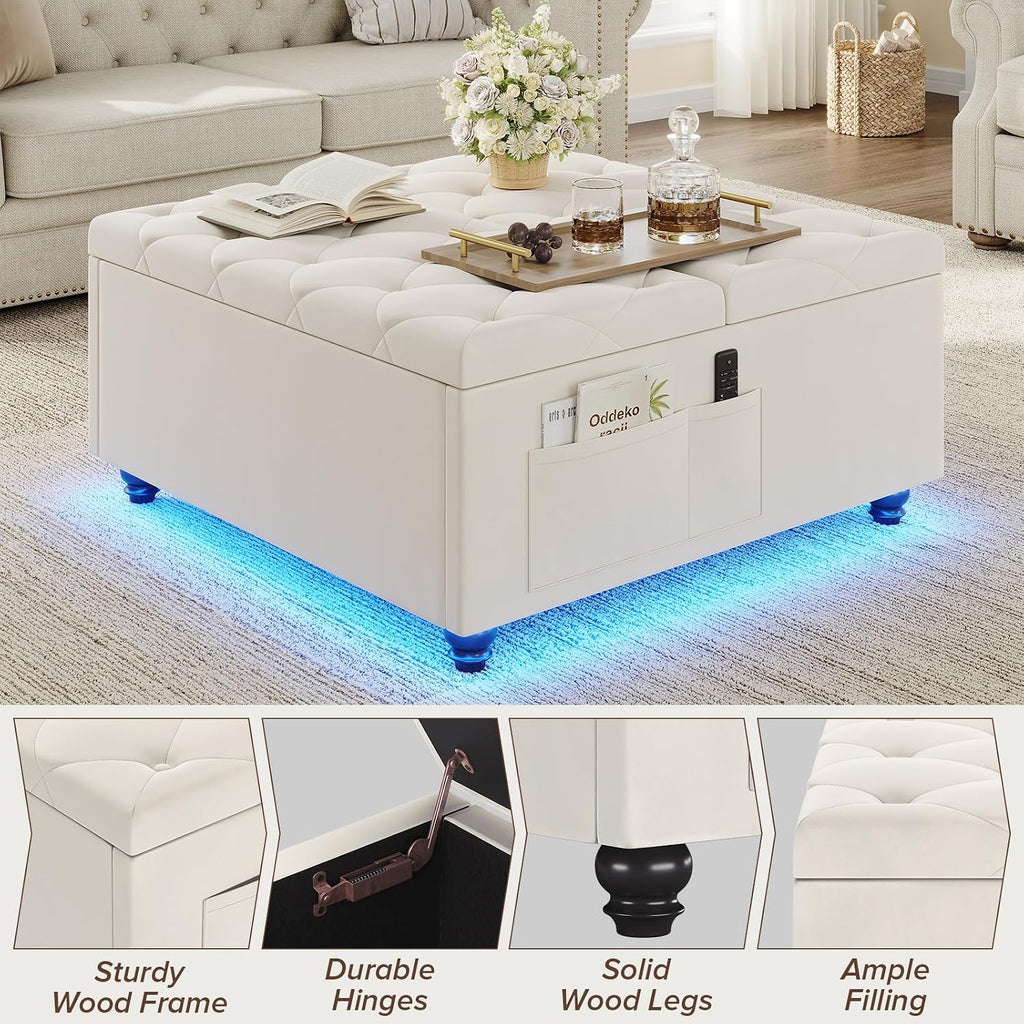 Beige LED Charging Storage Ottoman Table