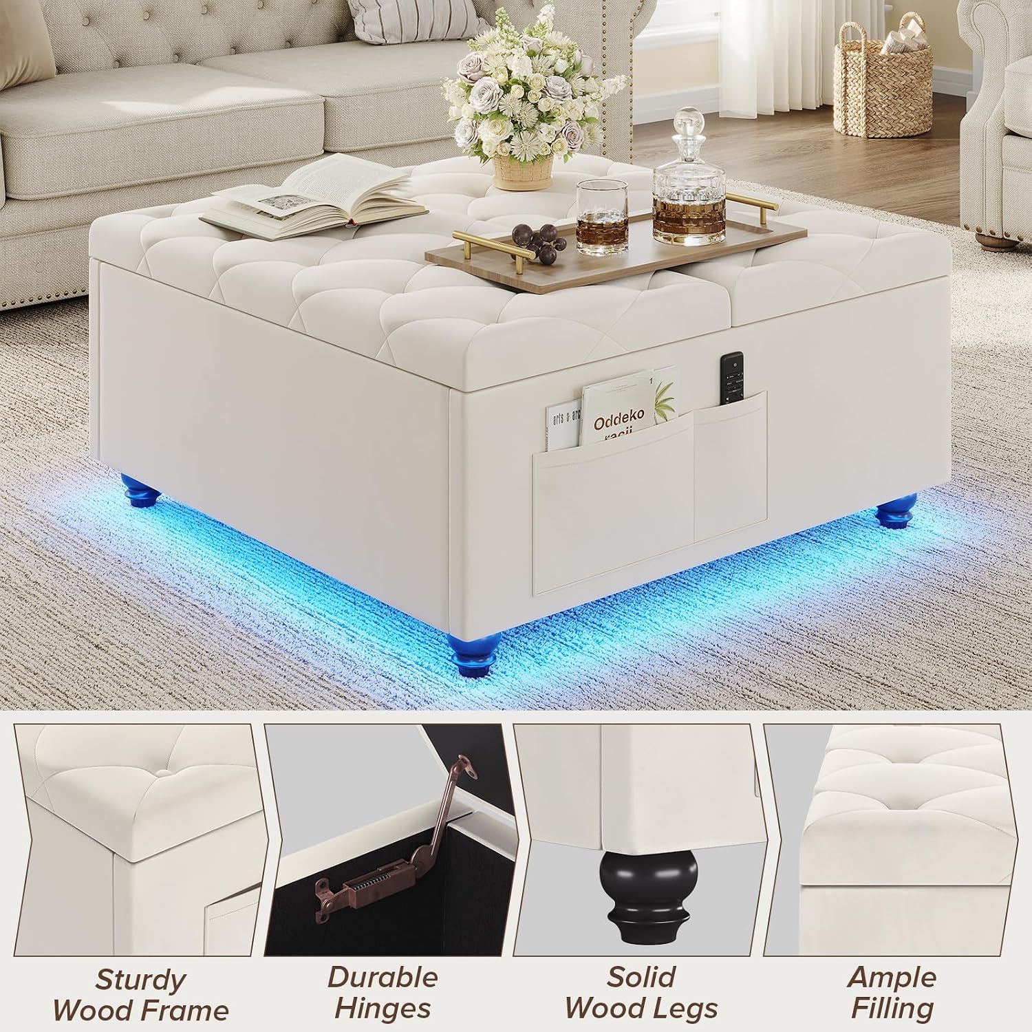 Beige LED Charging Storage Ottoman Table