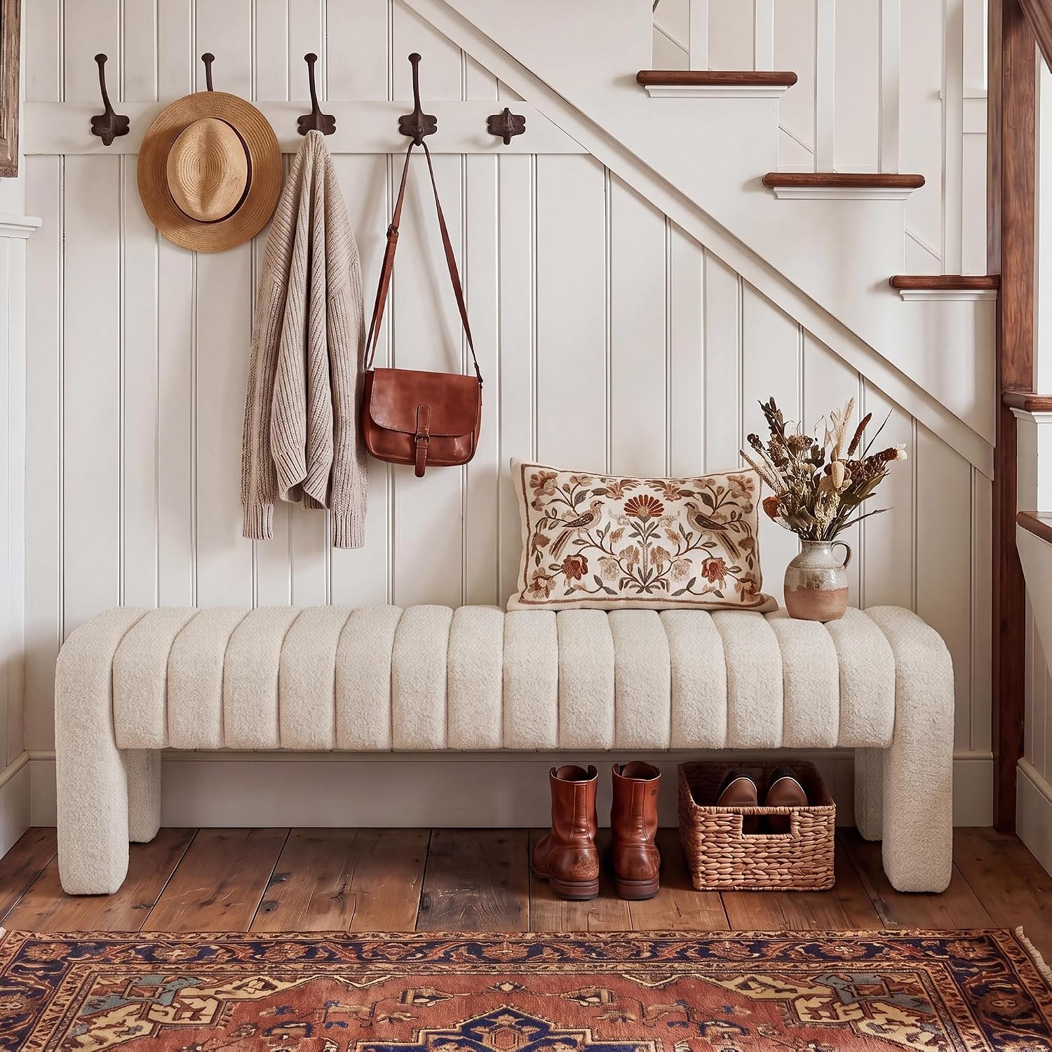 Beige Linen Channel Tufted Bench