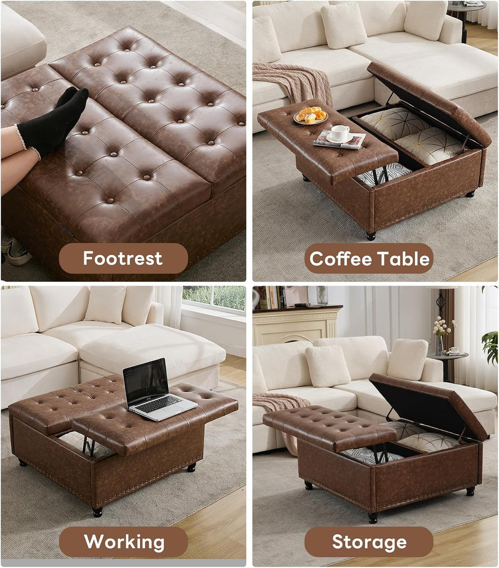 Brown Tufted Lift Top Storage Ottoman