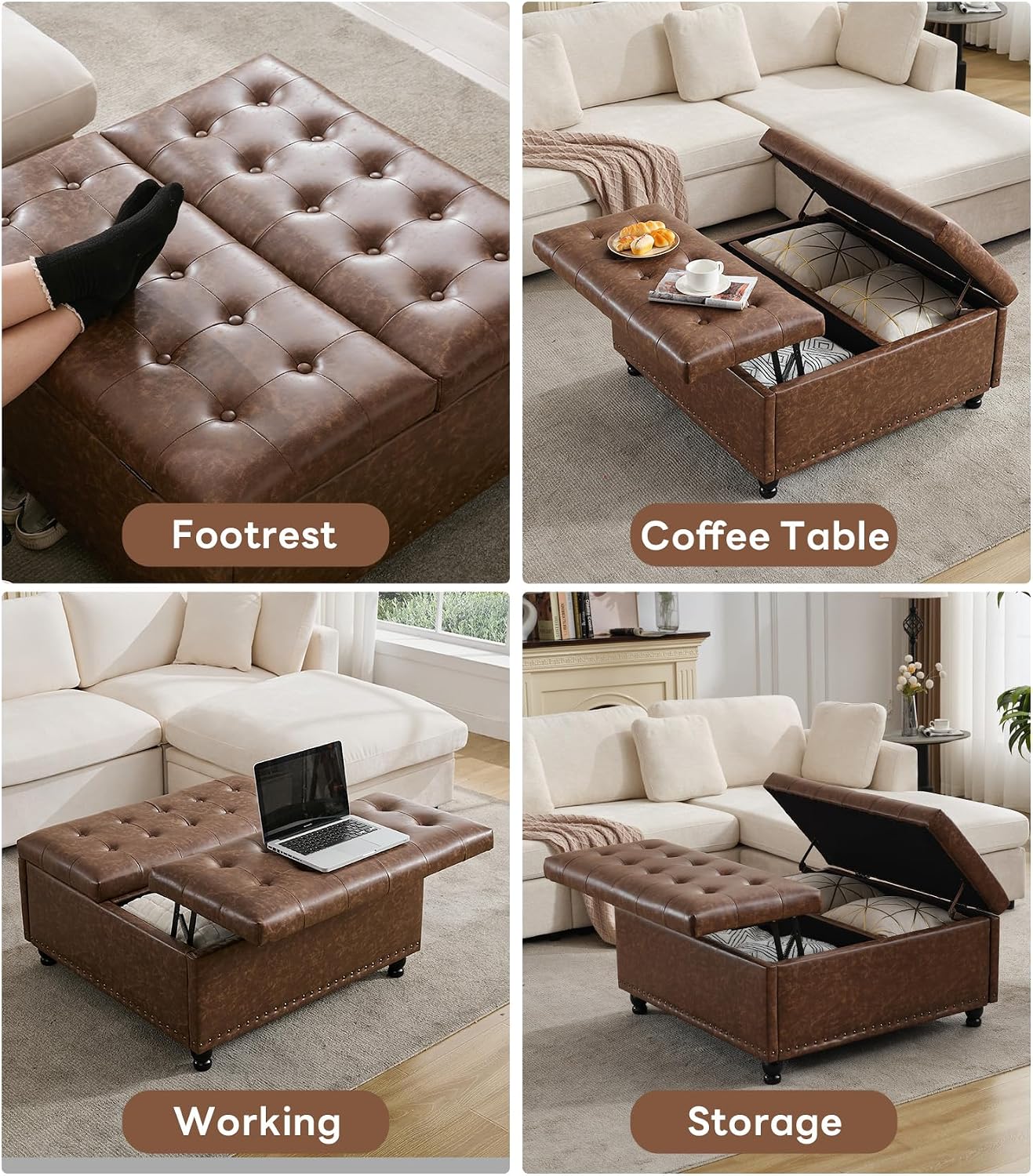 Brown Tufted Lift Top Storage Ottoman