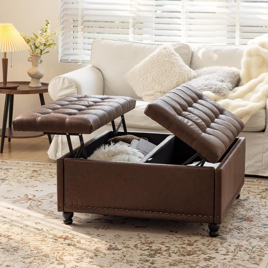 Dark Brown Faux Leather Storage Ottoman
