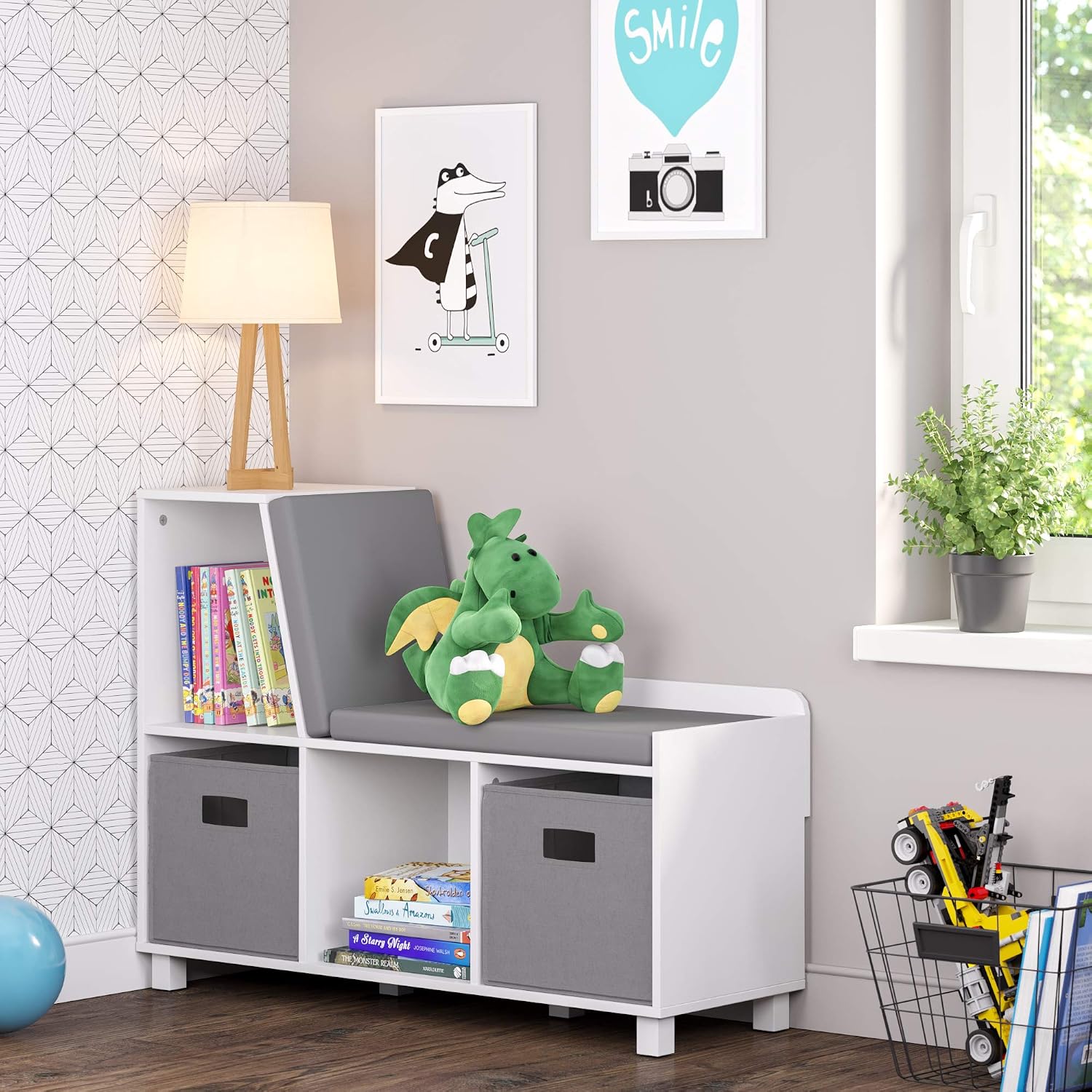 White Cubby Bench Grey Fabric Bins