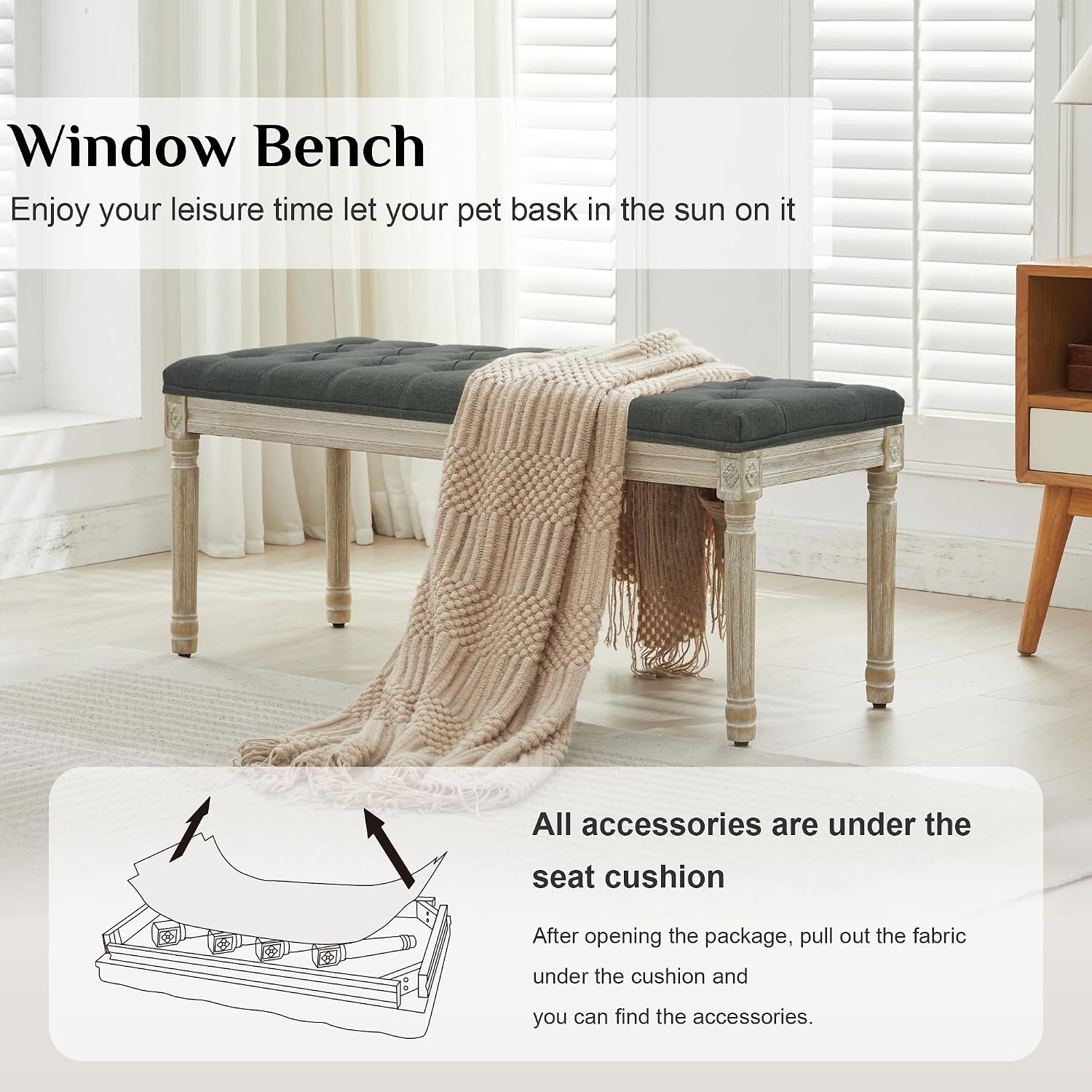 Dark Grey Linen Tufted Window Bench