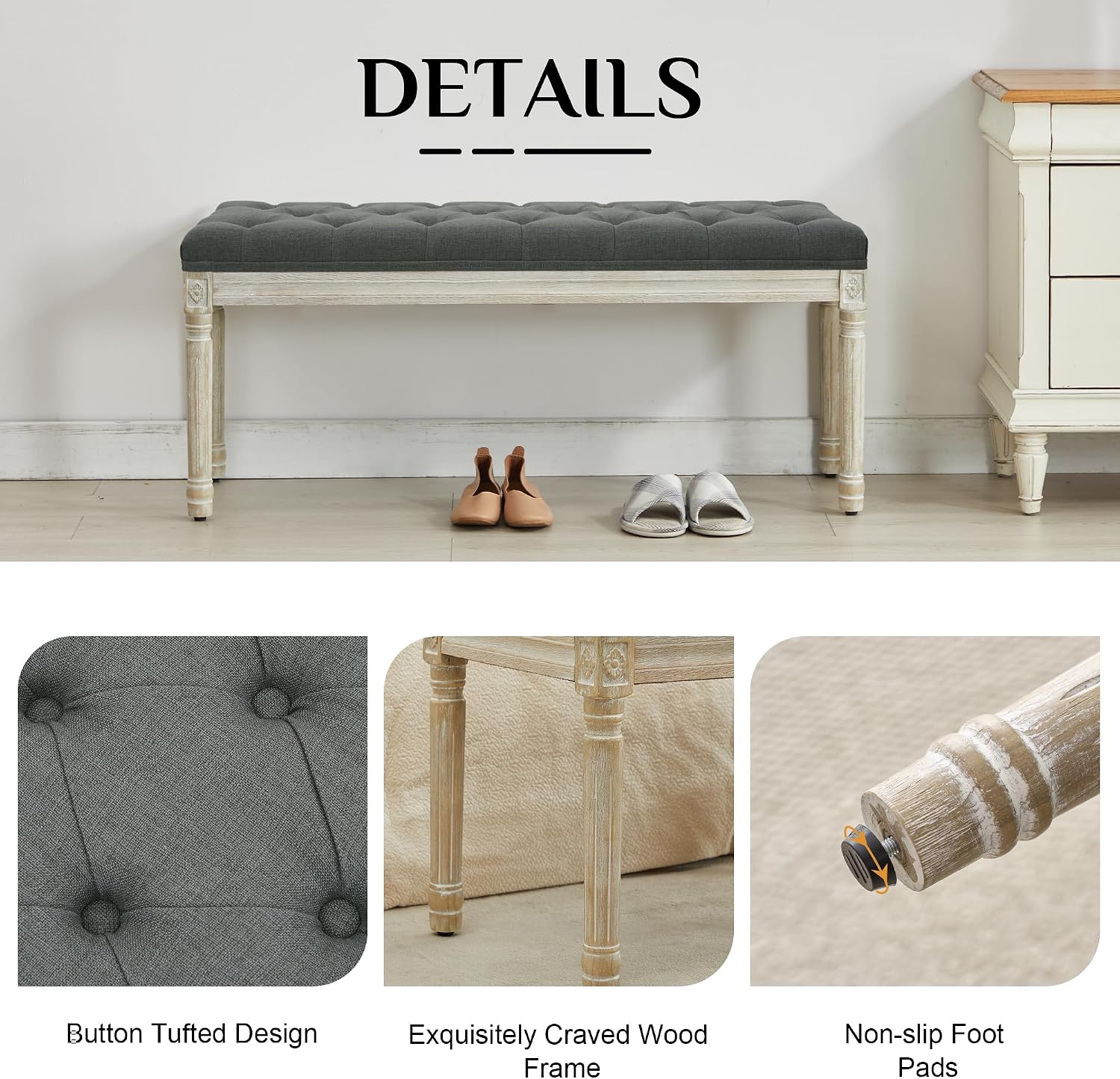 Dark Grey Linen Tufted Window Bench