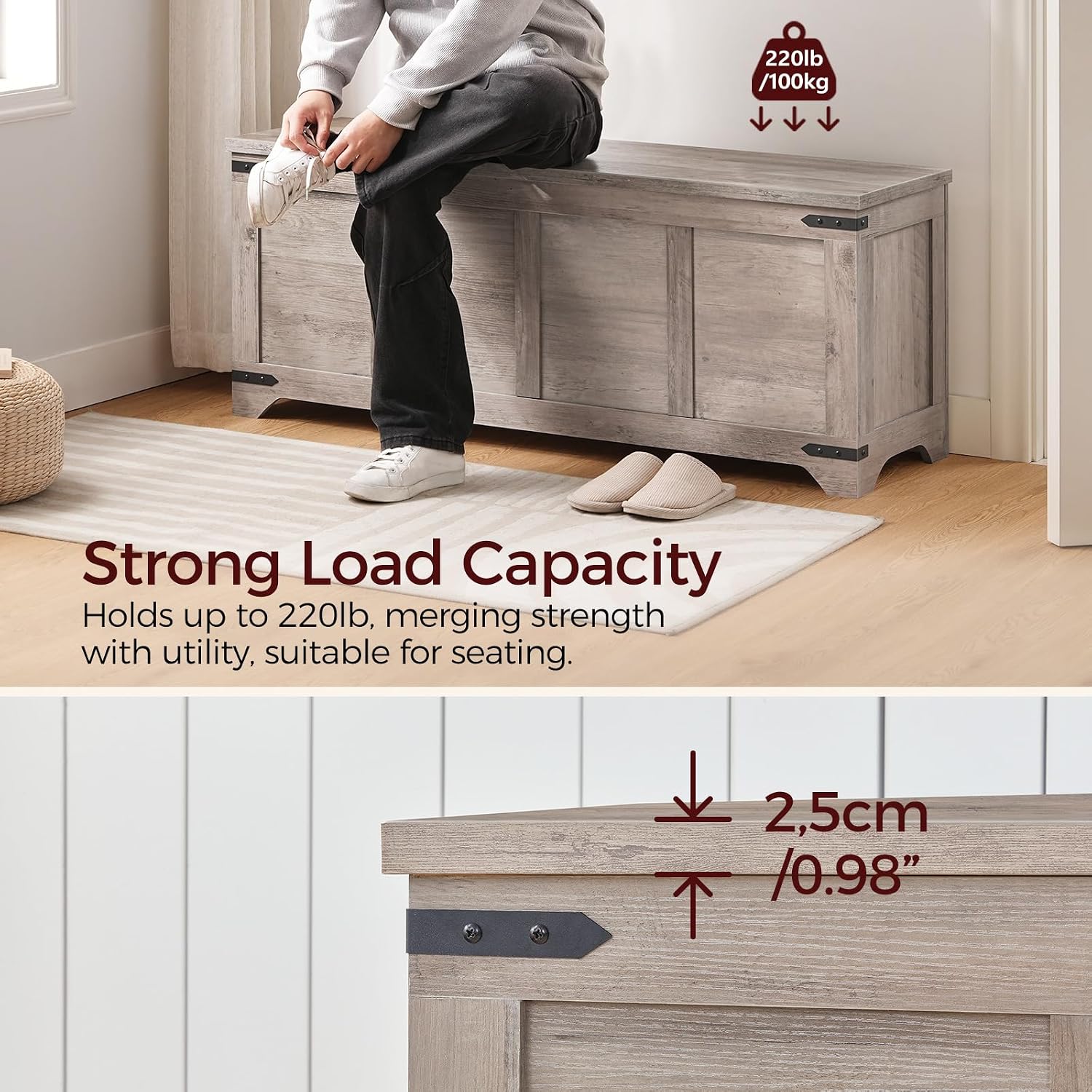 Greige Flip Top Safety Hinge Storage Bench