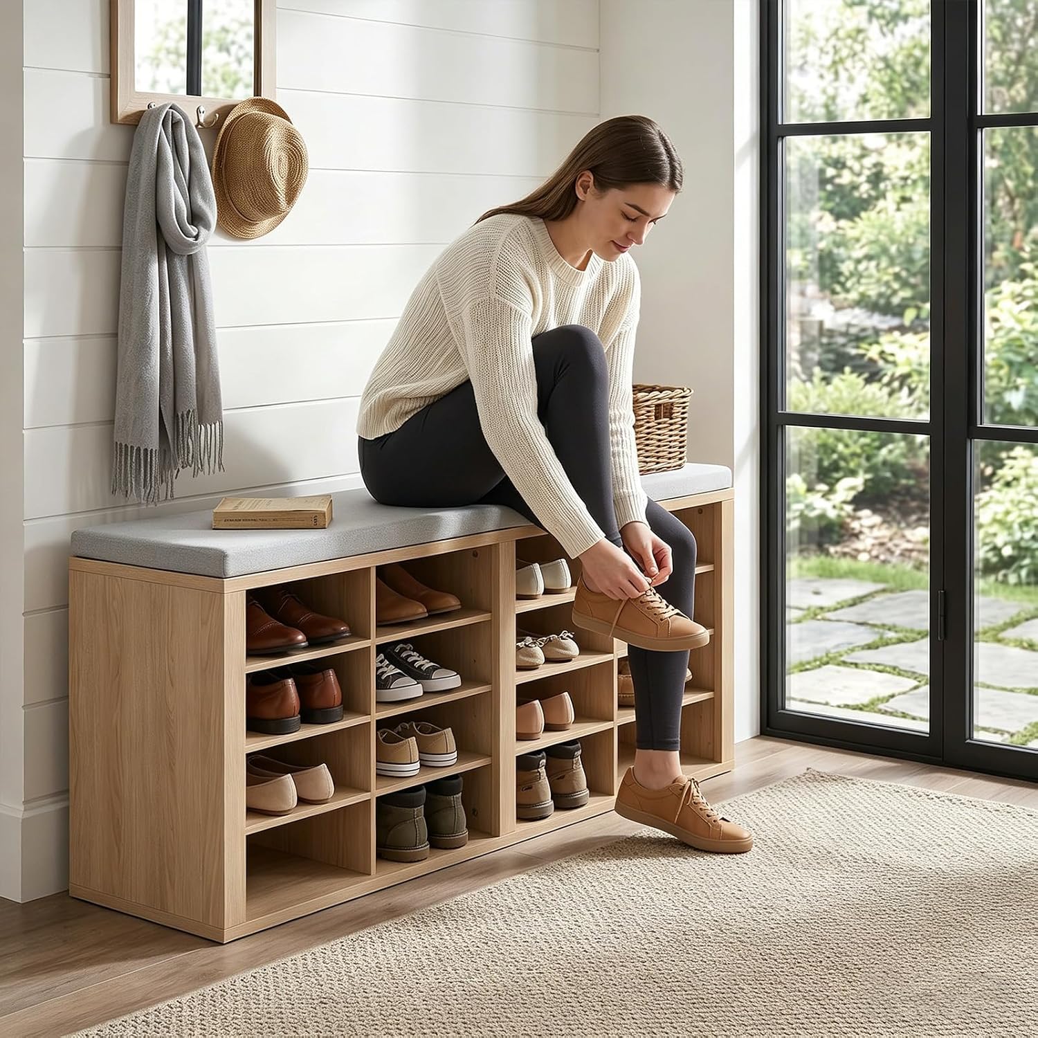 Cushioned 16 Cubby Shoe Storage Bench