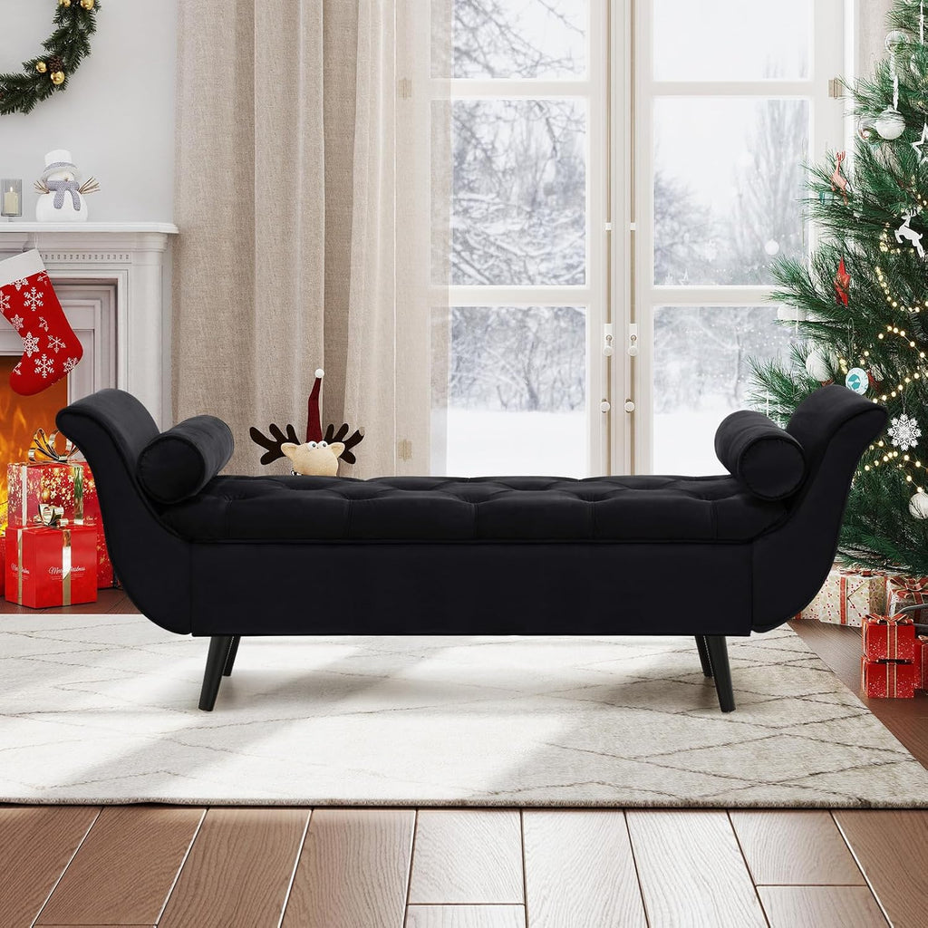 Black Tufted Velvet Arm Storage Bench