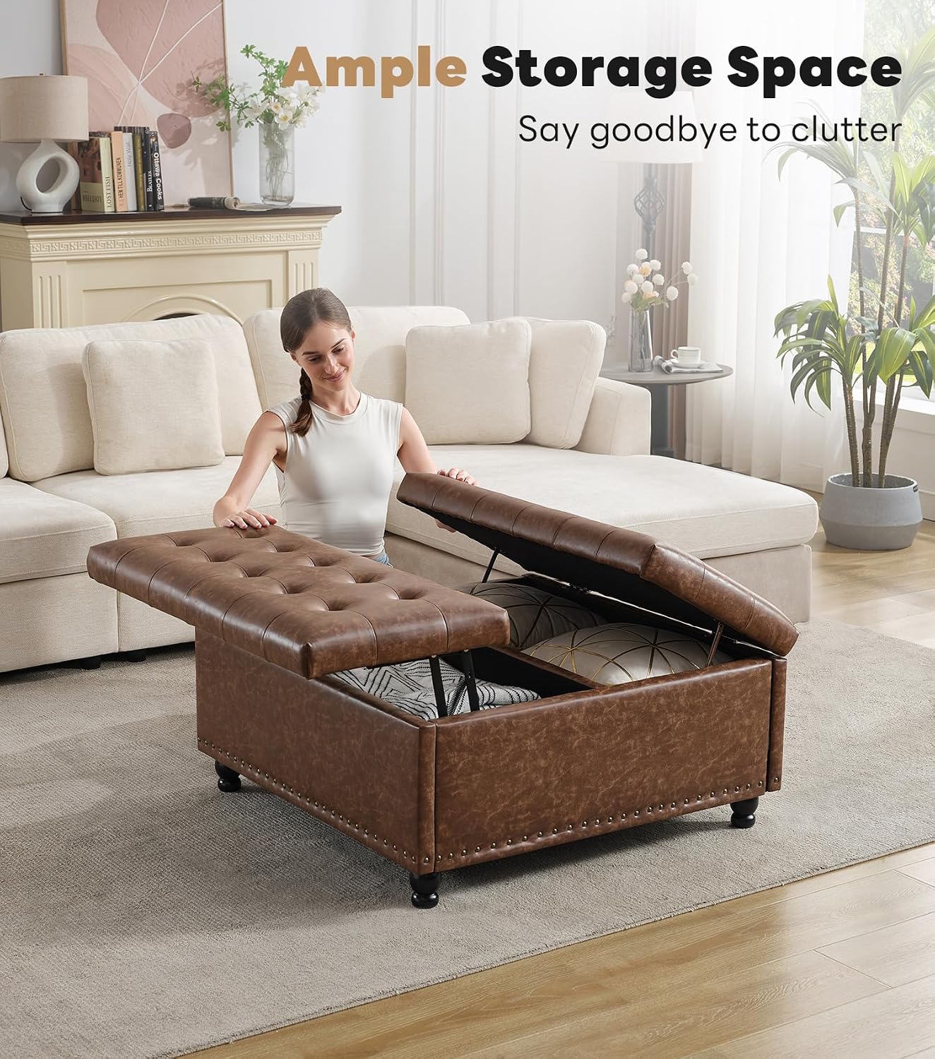 Brown Tufted Lift Top Storage Ottoman