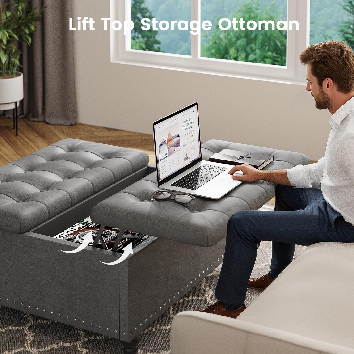 Gray Tufted Lift Top Storage Ottoman