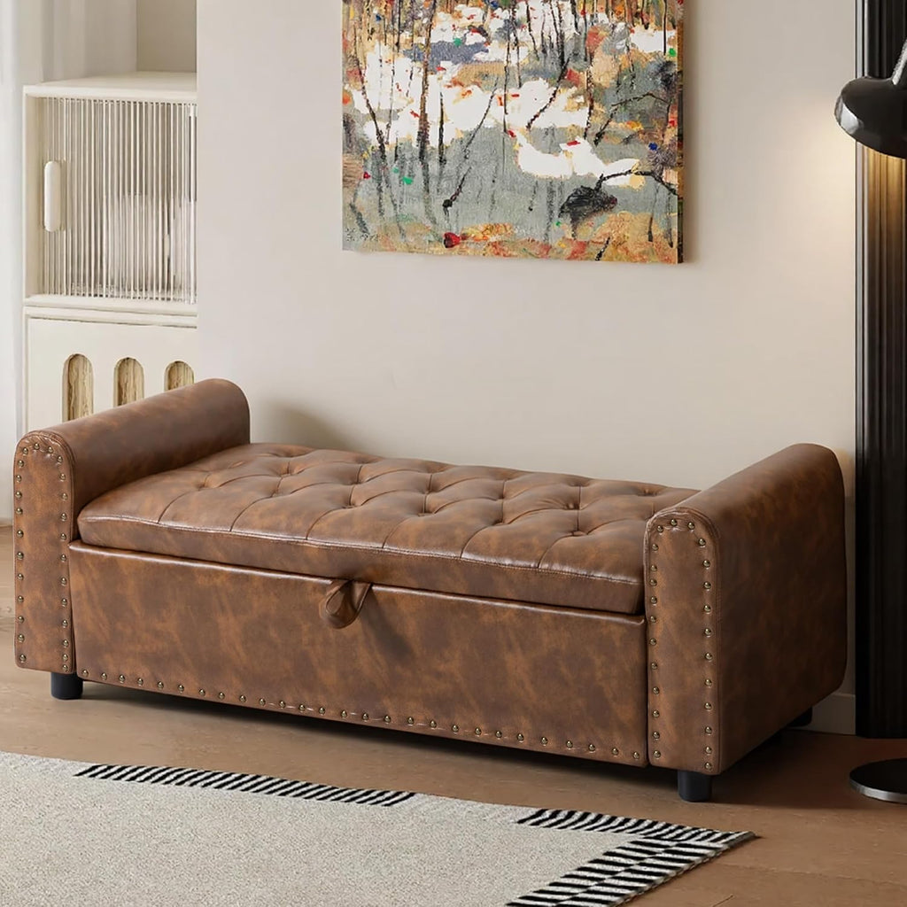 Brown Rivet Arm Tufted Storage Ottoman