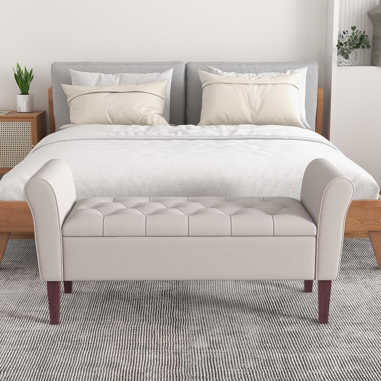 Light Grey Wooden Leg Storage Ottoman