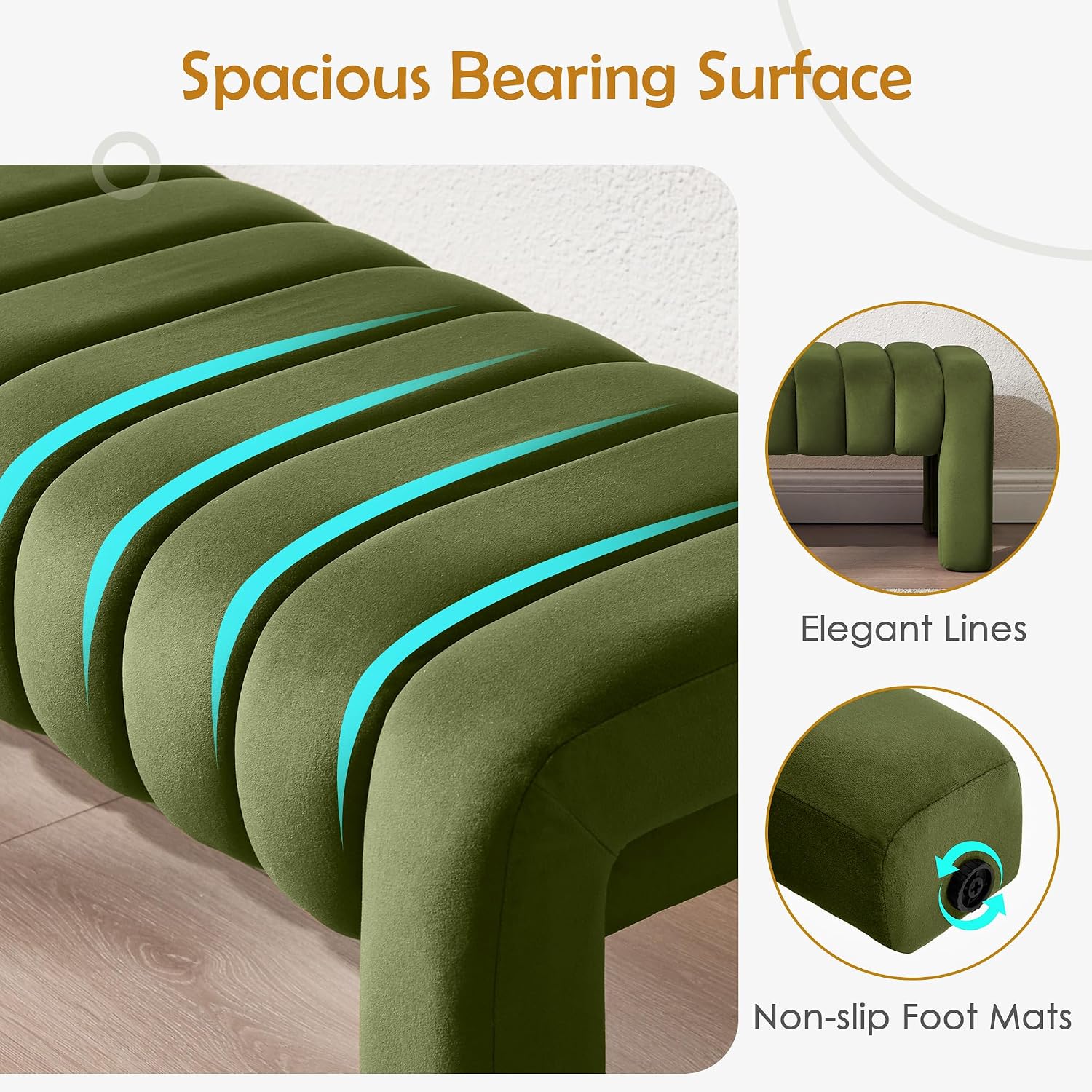 Olive Velvet Tufted Wood Leg Bench