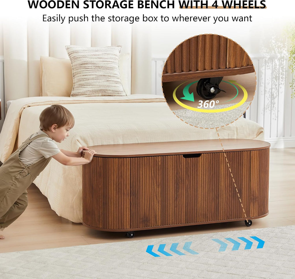 Walnut Wheeled Fluted Lift Top Storage Bench