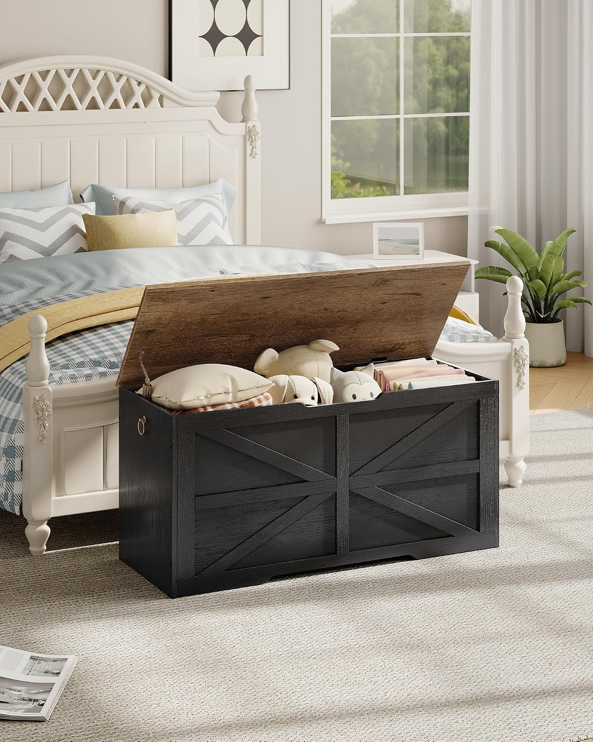 Walnut Black Farmhouse Safety Hinge Storage Bench