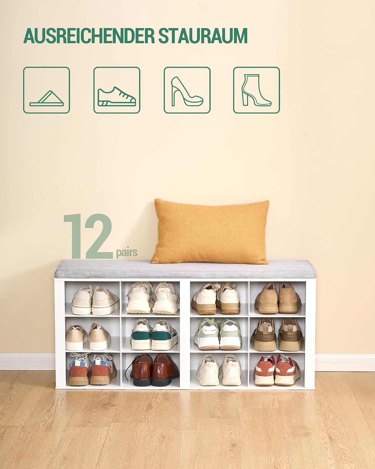 White 12 Cubby Cushioned Shoe Bench
