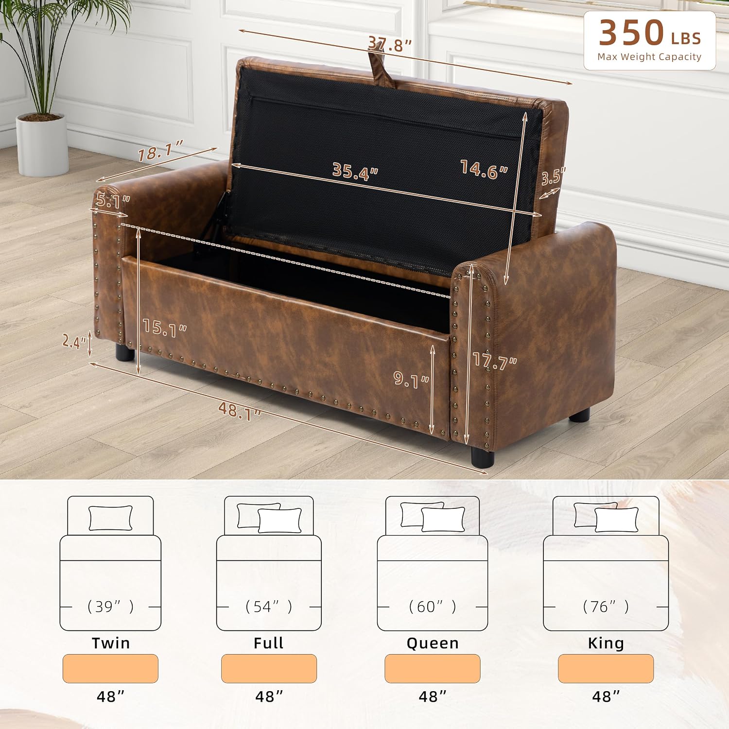 Brown Rivet Arm Tufted Storage Ottoman