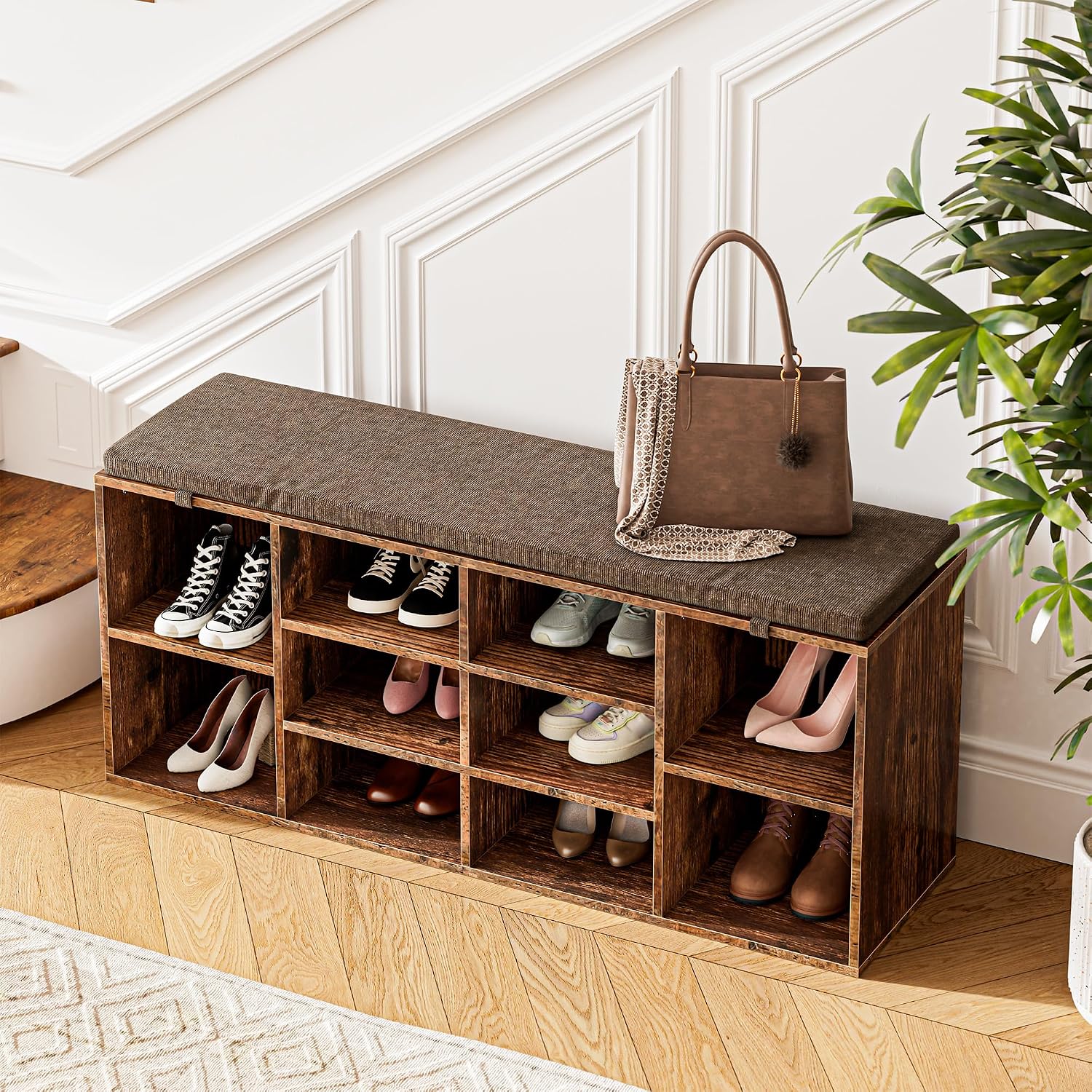 Brown 10 Cubby Cushioned Shoe Bench