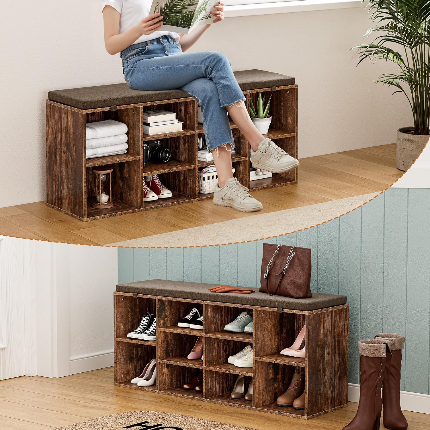 Brown 10 Cubby Cushioned Shoe Bench