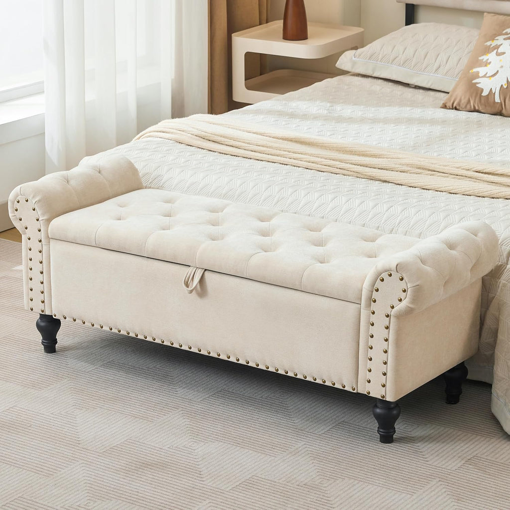 Beige Chenille Storage Ottoman Bench