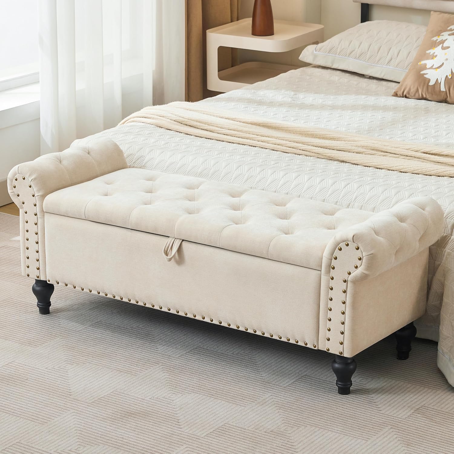 Beige Chenille Storage Ottoman Bench