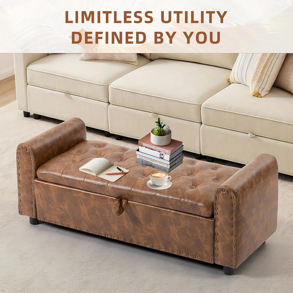 Brown Rivet Arm Tufted Storage Ottoman