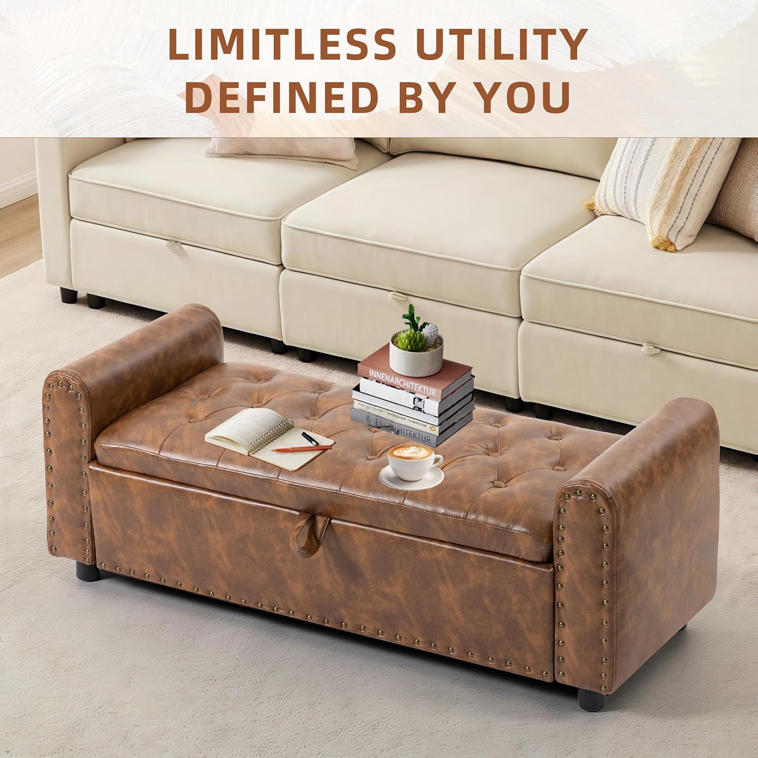 Brown Rivet Arm Tufted Storage Ottoman