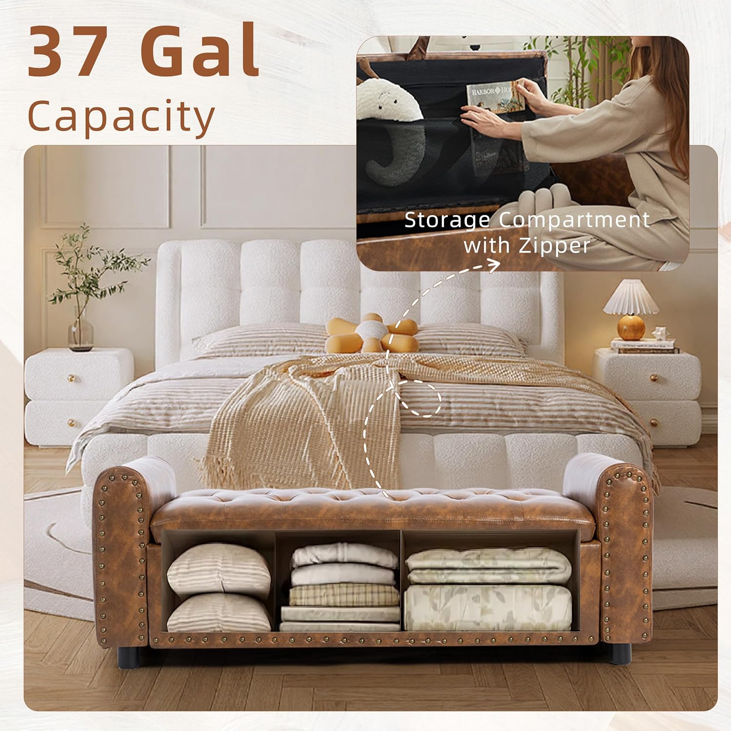 Brown Rivet Arm Tufted Storage Ottoman