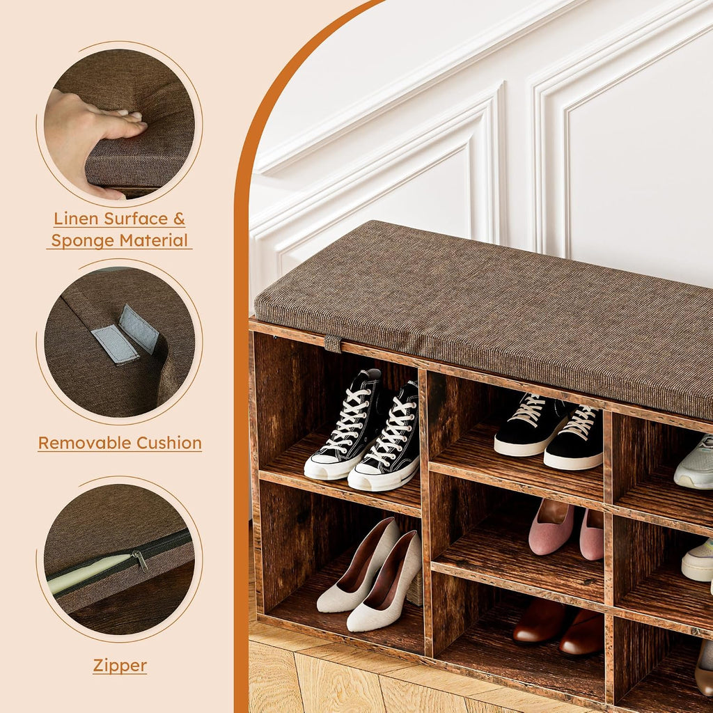 Brown 10 Cubby Cushioned Shoe Bench