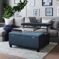 Dark Blue Leather Lift Top Storage Ottoman