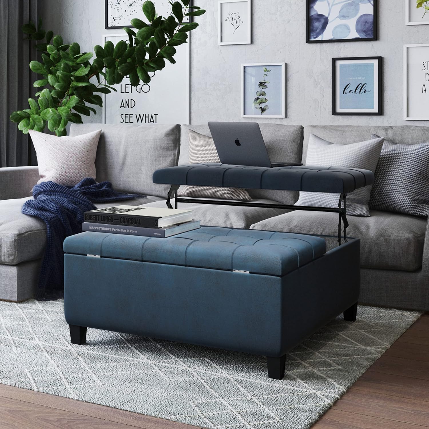 Dark Blue Leather Lift Top Storage Ottoman