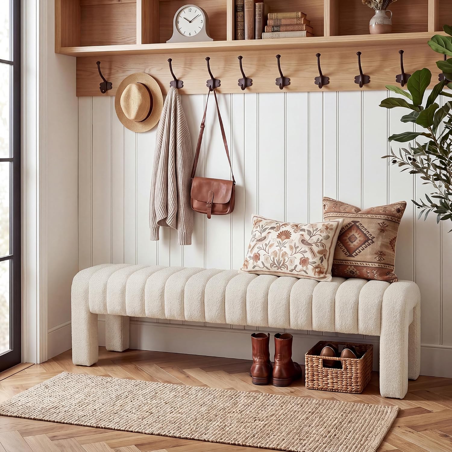 Beige Linen Channel Tufted Bench