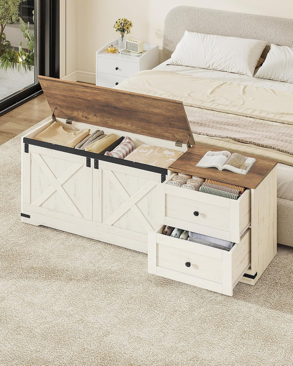 Antique White Barn Door Drawer Storage Bench