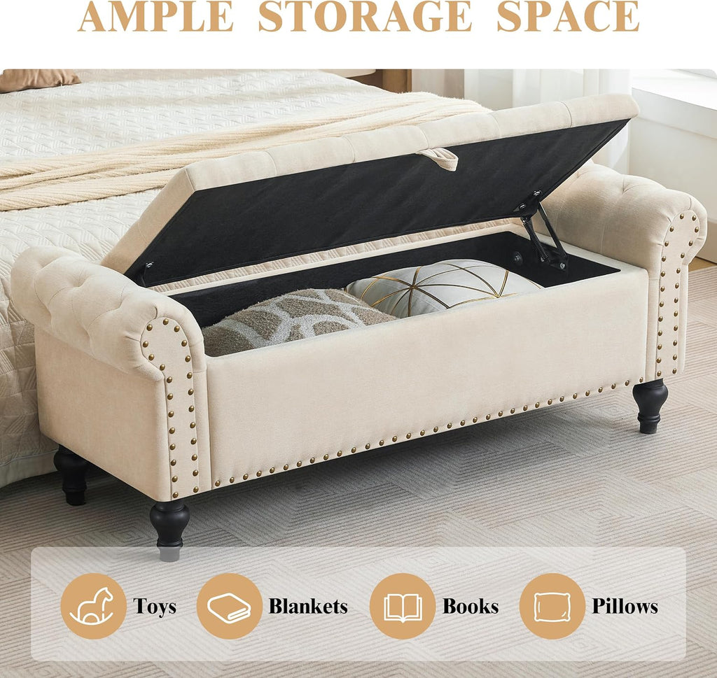 Beige Chenille Storage Ottoman Bench