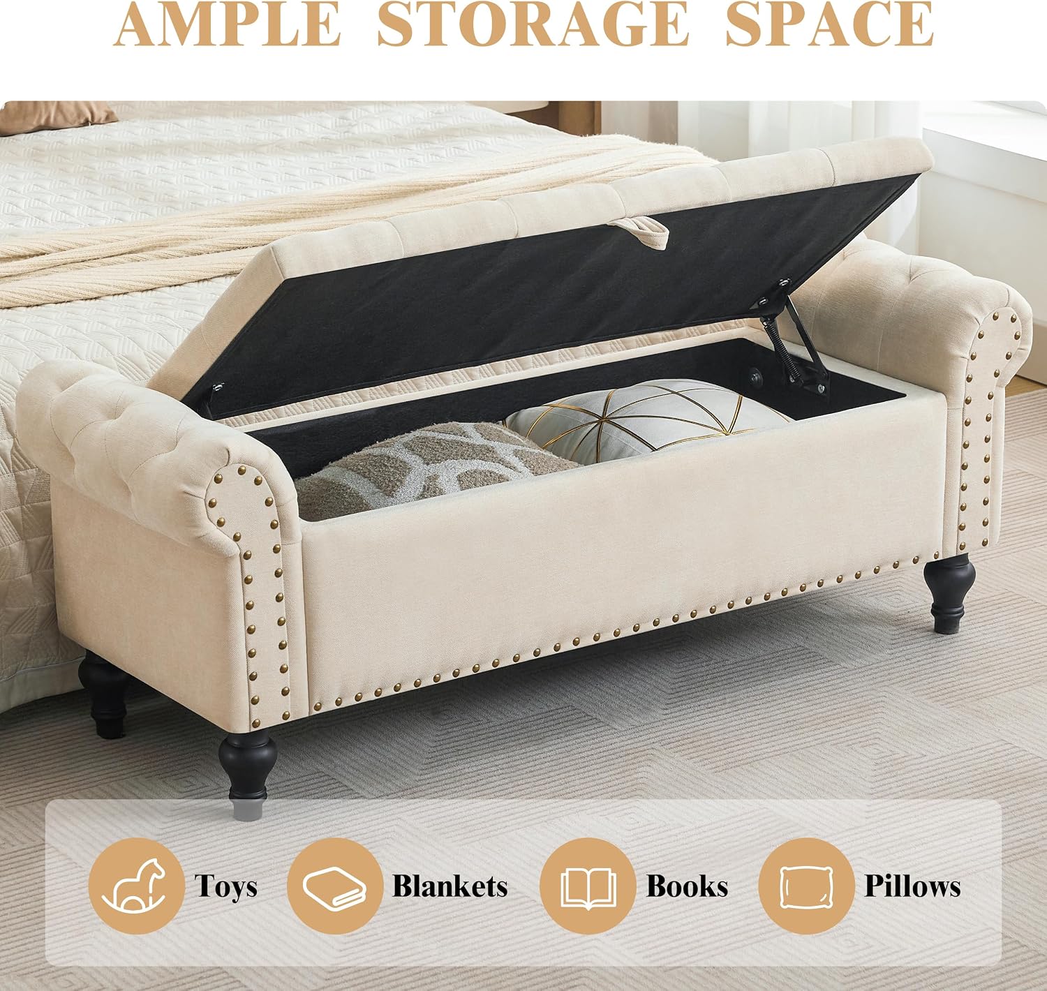 Beige Chenille Storage Ottoman Bench