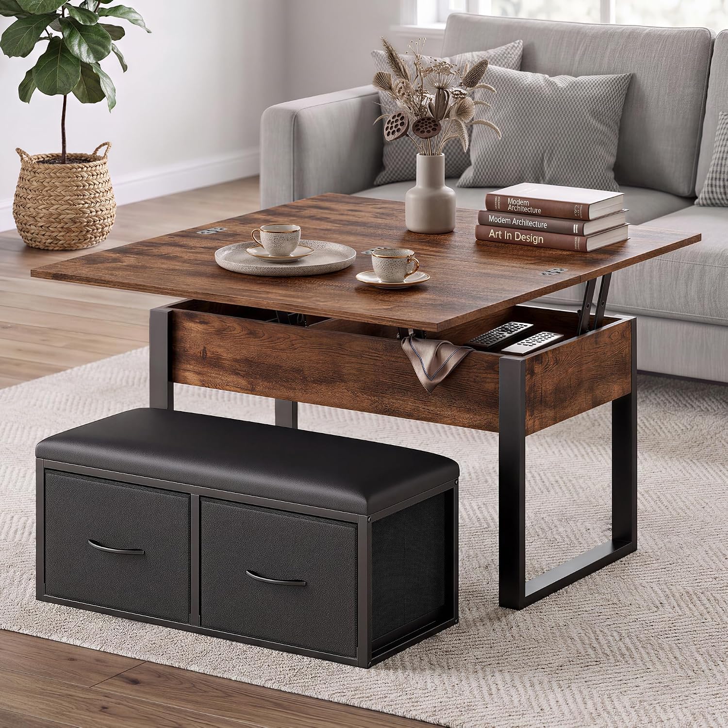 Rustic Brown Dual Lift Storage Table Set