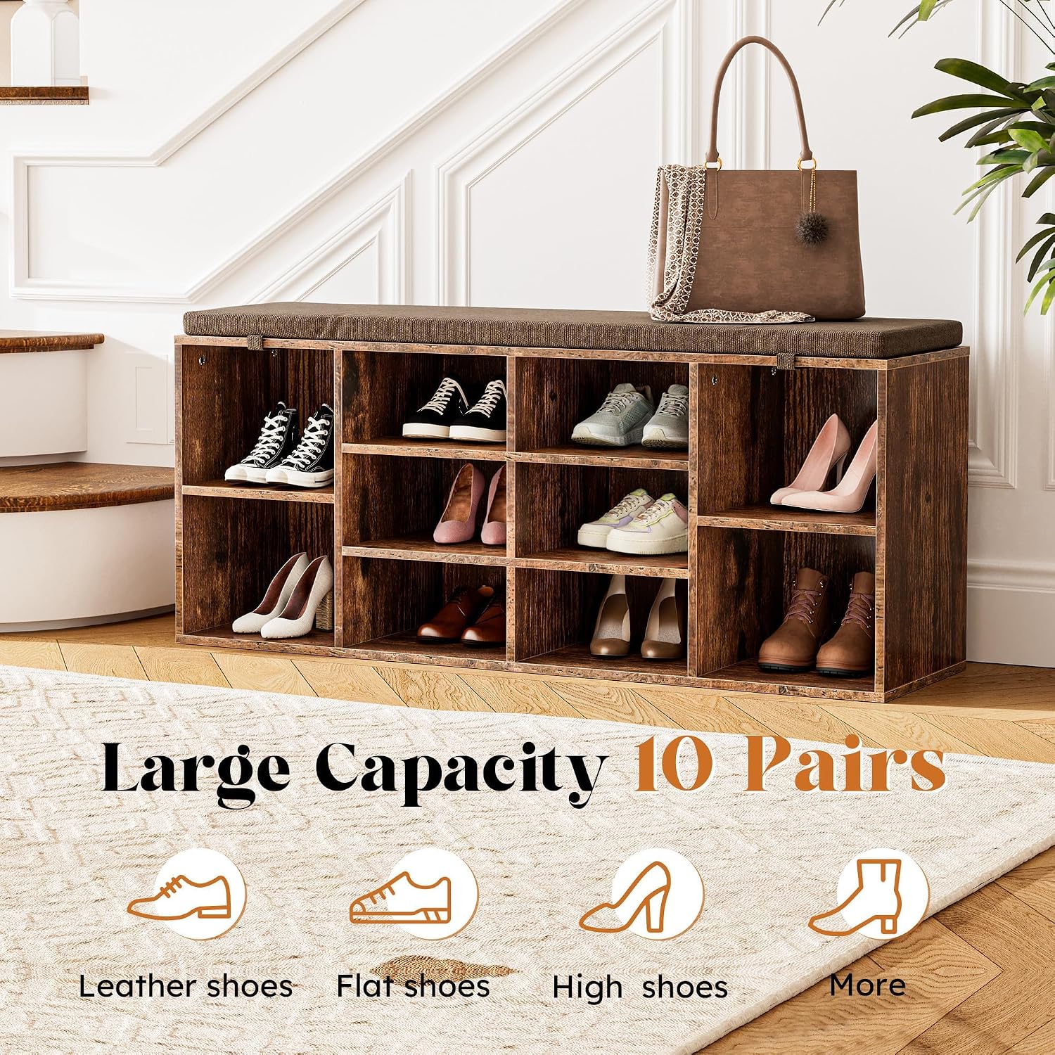 Brown 10 Cubby Cushioned Shoe Bench