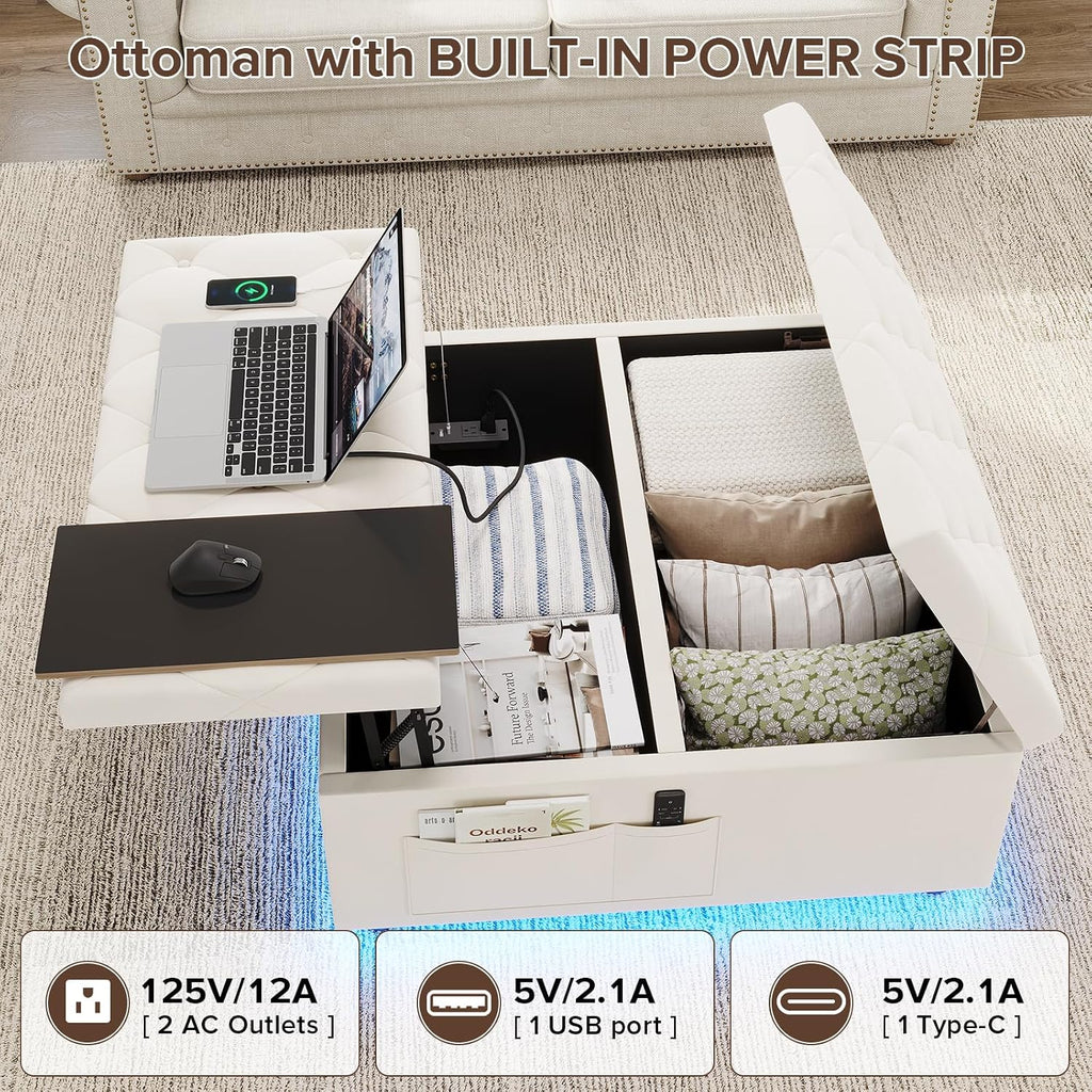 Beige LED Charging Storage Ottoman Table