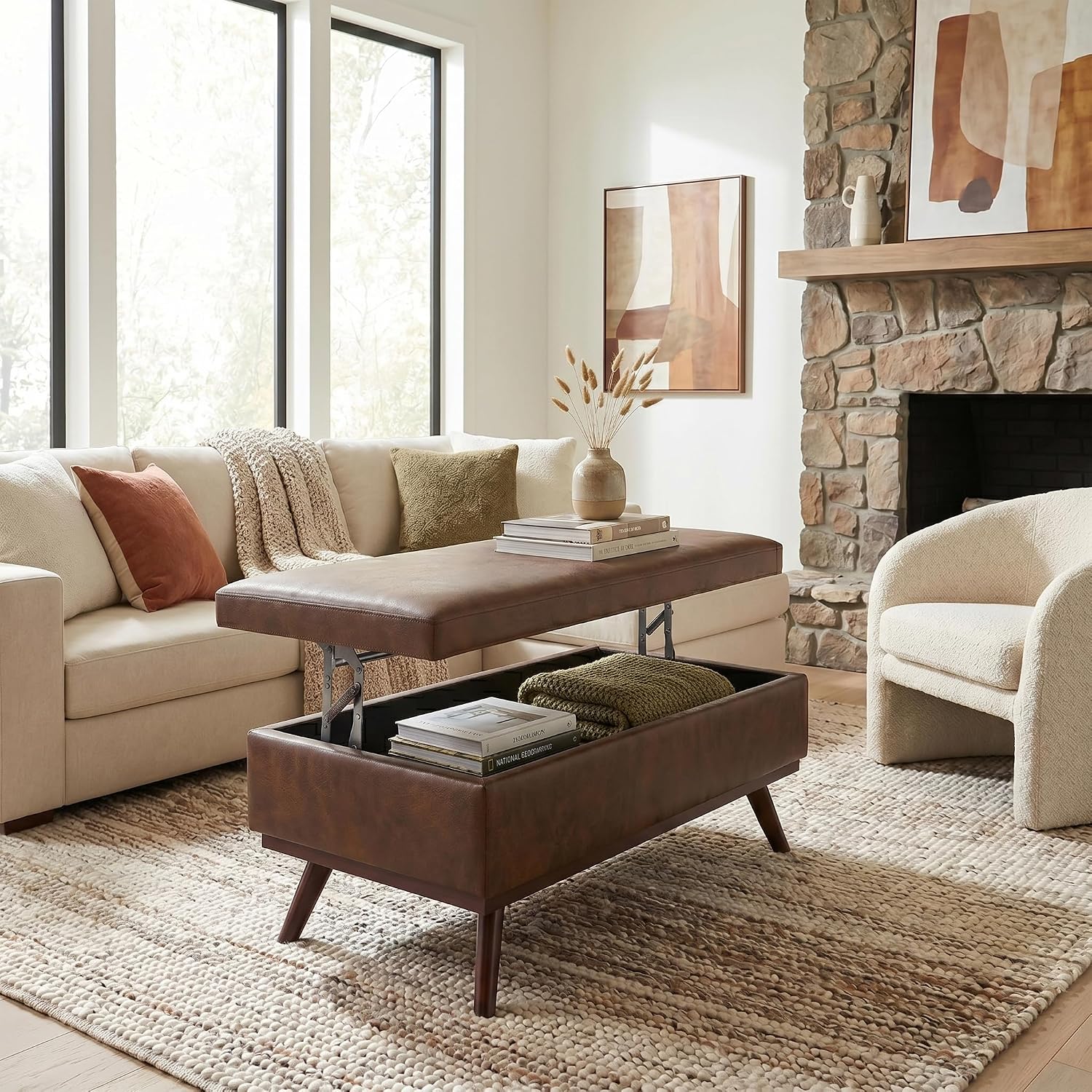 Chestnut Leather Rectangular Storage Ottoman