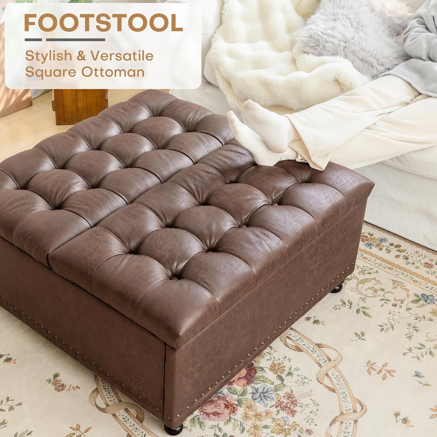 Dark Brown Faux Leather Storage Ottoman