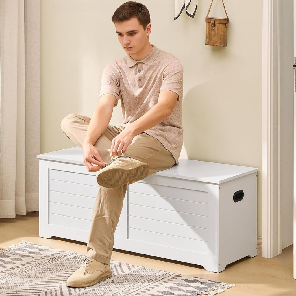 Cloud White Farmhouse Safety Hinge Storage Bench